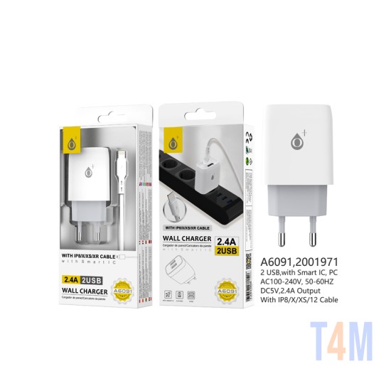 ADAPTADOR DE CARGADOR ONEPLUS A6091 BL CON 2 PUERTOS USB DE RECONOCIMIENTO INTELIGENTE 2,4A MAX. BLANCO